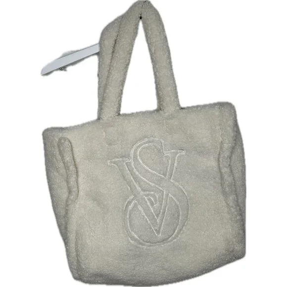 Victoria’s Secret White Cream Sherpa Large Logo Tote Bag EUC - Picture 2 of 9